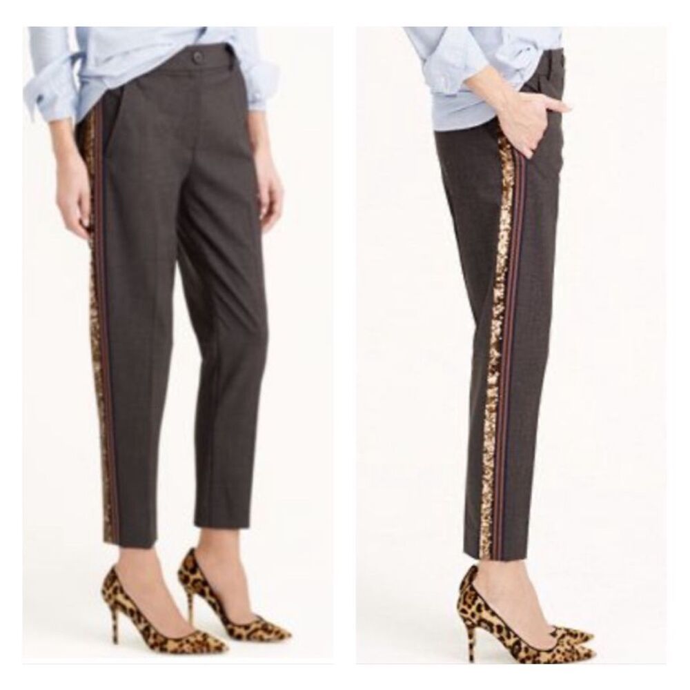 J.Crew Ludlow Sequin Tuxedo Stripe Cropped Grey Wool High Rise Pants Womens 10 ￼